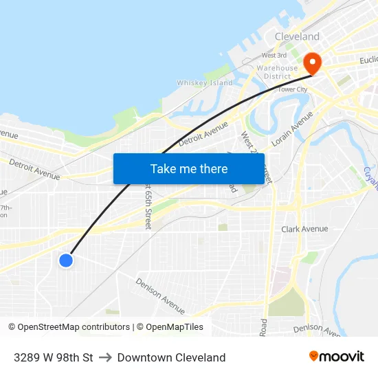 3289 W 98th St to Downtown Cleveland map
