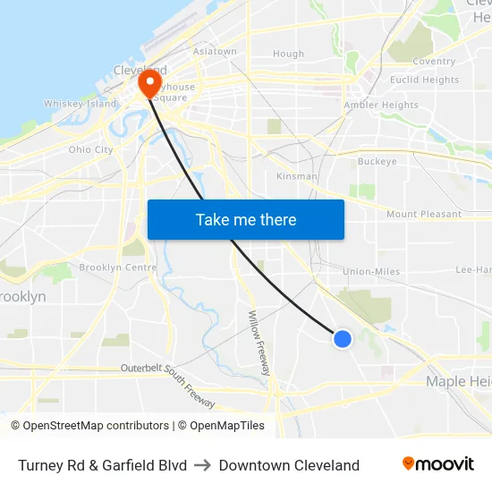 Turney Rd & Garfield Blvd to Downtown Cleveland map