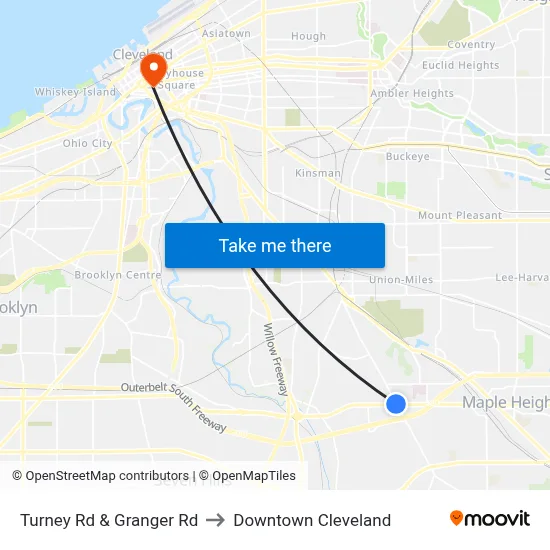 Turney Rd & Granger Rd to Downtown Cleveland map