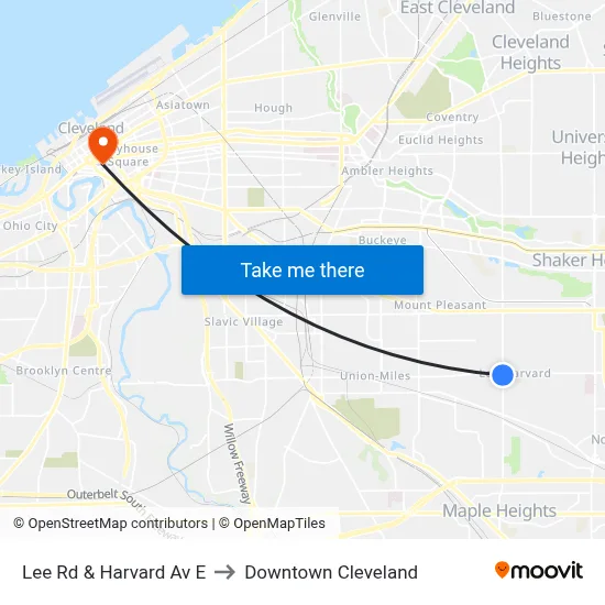 Lee Rd & Harvard Av E to Downtown Cleveland map