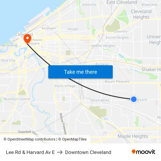 Lee Rd & Harvard Av E to Downtown Cleveland map