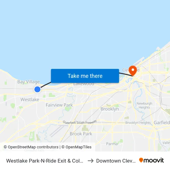 Westlake Park-N-Ride Exit & Columbia Rd to Downtown Cleveland map