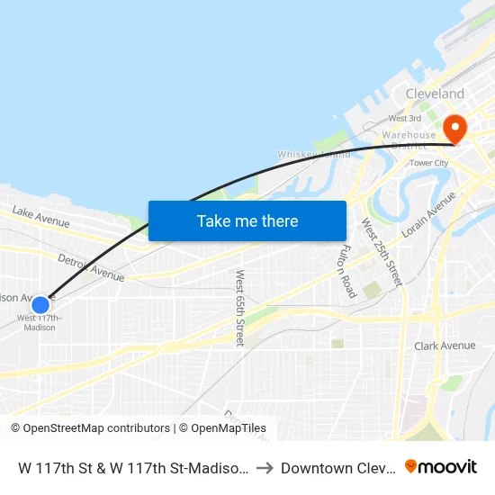 W 117th St & W 117th St-Madison Station to Downtown Cleveland map