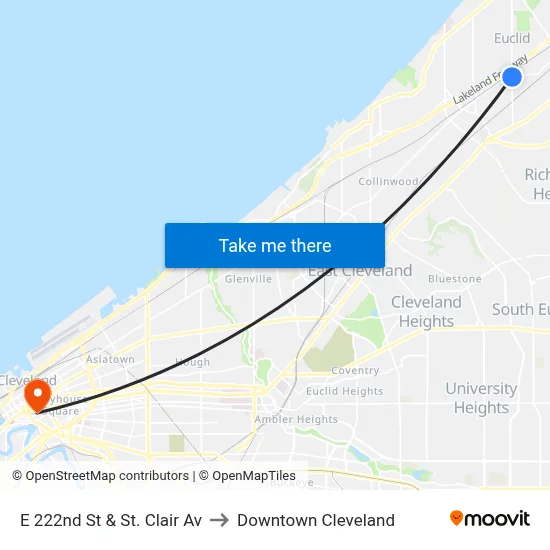 E 222nd St & St. Clair Av to Downtown Cleveland map