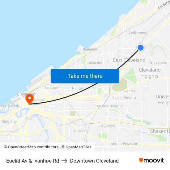 Euclid Av & Ivanhoe Rd to Downtown Cleveland map