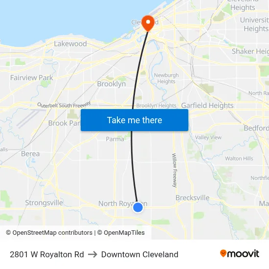 2801 W Royalton Rd to Downtown Cleveland map