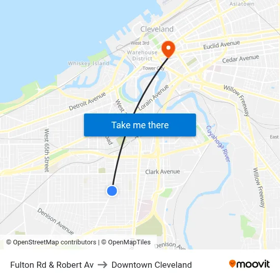 Fulton Rd & Robert Av to Downtown Cleveland map