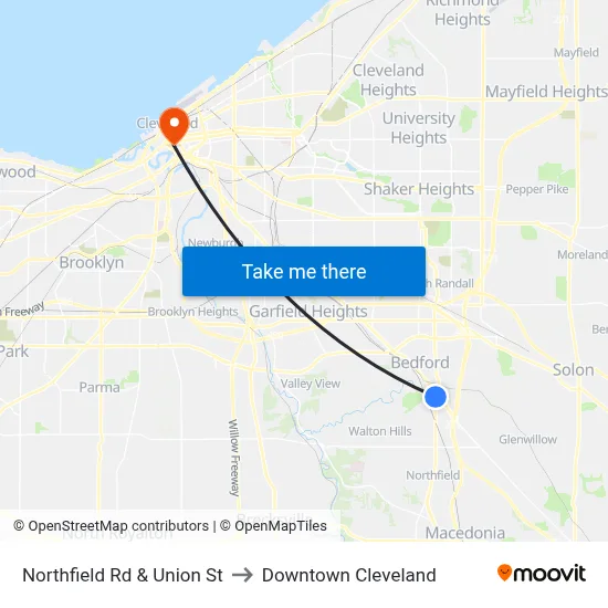 Northfield Rd & Union St to Downtown Cleveland map