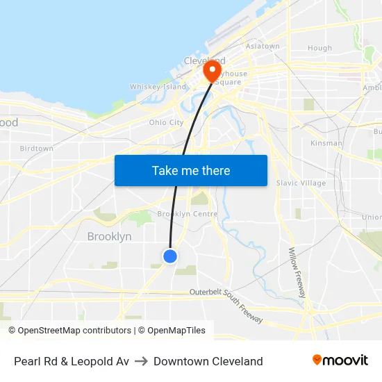 Pearl Rd & Leopold Av to Downtown Cleveland map
