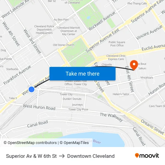 Superior Av & W 6th St to Downtown Cleveland map