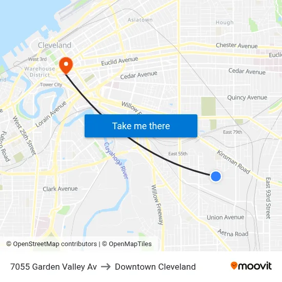 7055 Garden Valley Av to Downtown Cleveland map