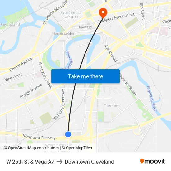 W 25th St & Vega Av to Downtown Cleveland map