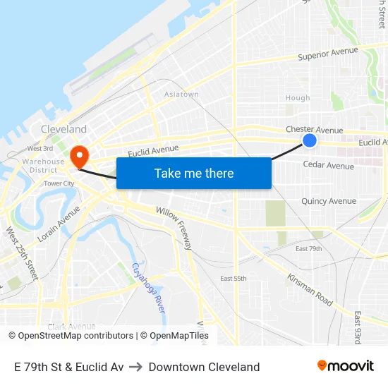 E 79th St & Euclid Av to Downtown Cleveland map