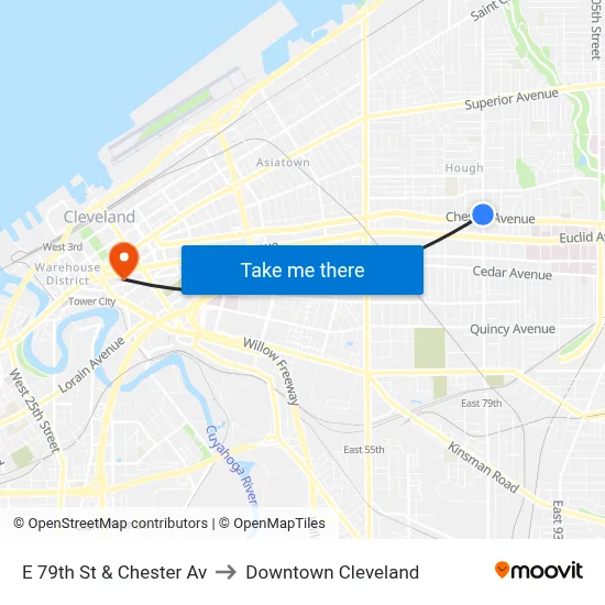 E 79th St & Chester Av to Downtown Cleveland map