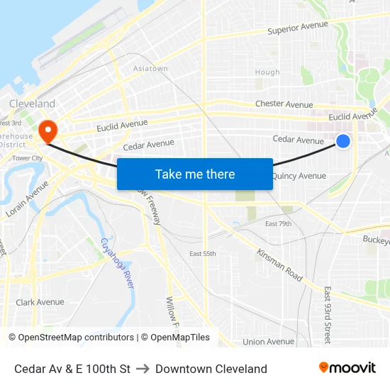 Cedar Av & E 100th St to Downtown Cleveland map
