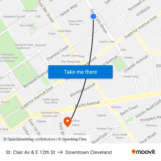 St. Clair Av & E 12th St to Downtown Cleveland map