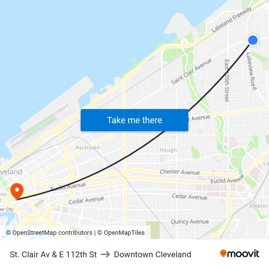 St. Clair Av & E 112th St to Downtown Cleveland map
