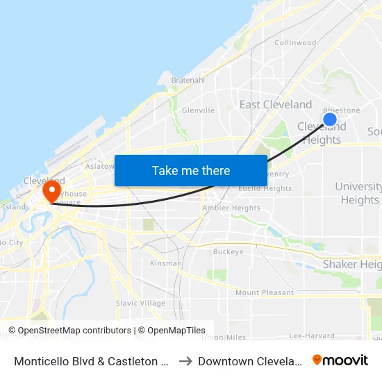 Monticello Blvd & Castleton Rd to Downtown Cleveland map