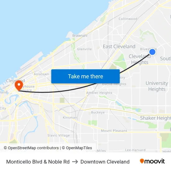 Monticello Blvd & Noble Rd to Downtown Cleveland map