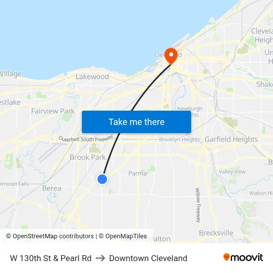 W 130th St & Pearl Rd to Downtown Cleveland map