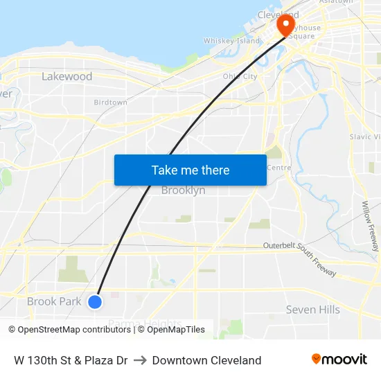 W 130th St & Plaza Dr to Downtown Cleveland map