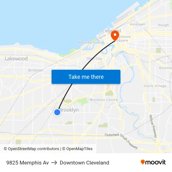9825 Memphis Av to Downtown Cleveland map