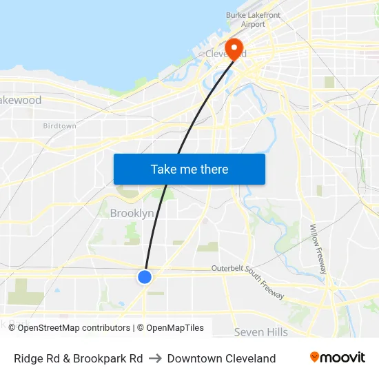 Ridge Rd & Brookpark Rd to Downtown Cleveland map