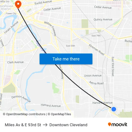 Miles Av & E 93rd St to Downtown Cleveland map