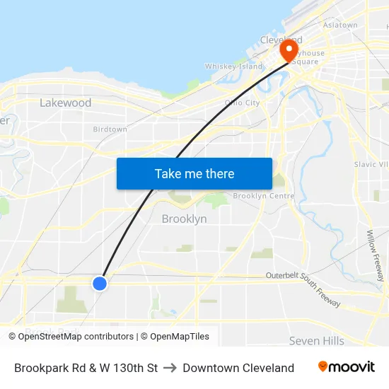 Brookpark Rd & W 130th St to Downtown Cleveland map