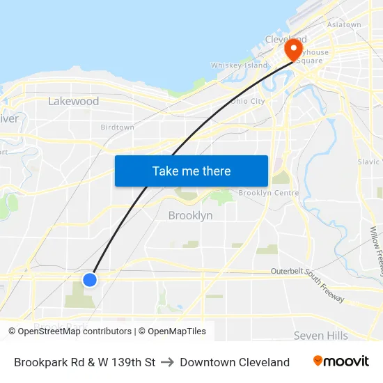 Brookpark Rd & W 139th St to Downtown Cleveland map