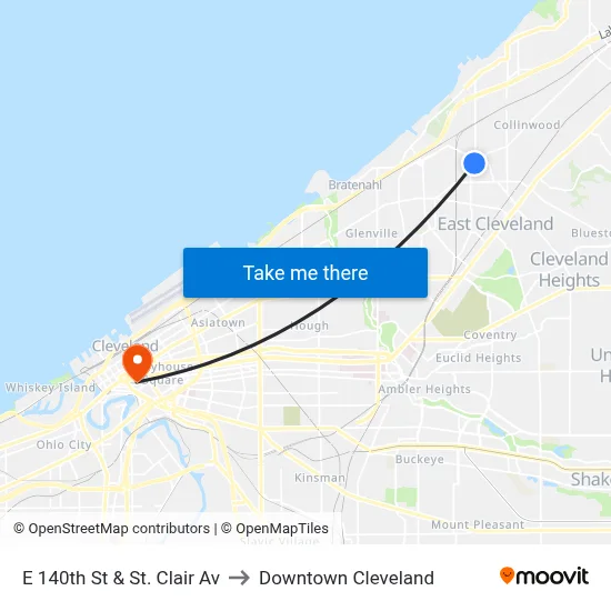 E 140th St & St. Clair Av to Downtown Cleveland map