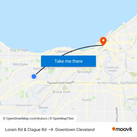 Lorain Rd & Clague Rd to Downtown Cleveland map