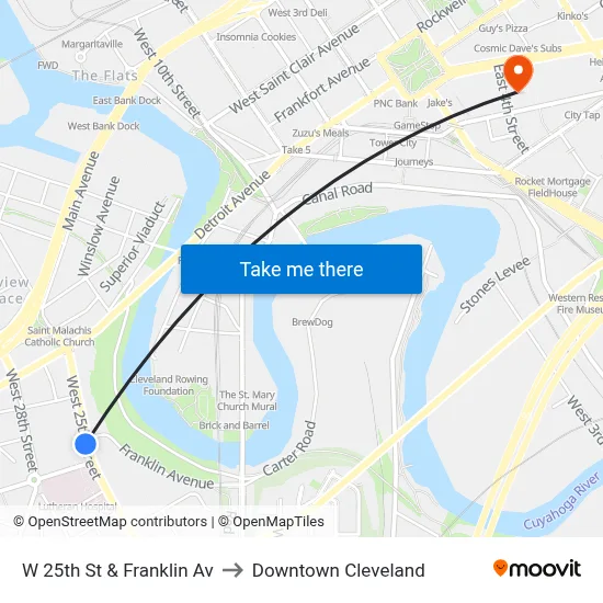W 25th St & Franklin Av to Downtown Cleveland map
