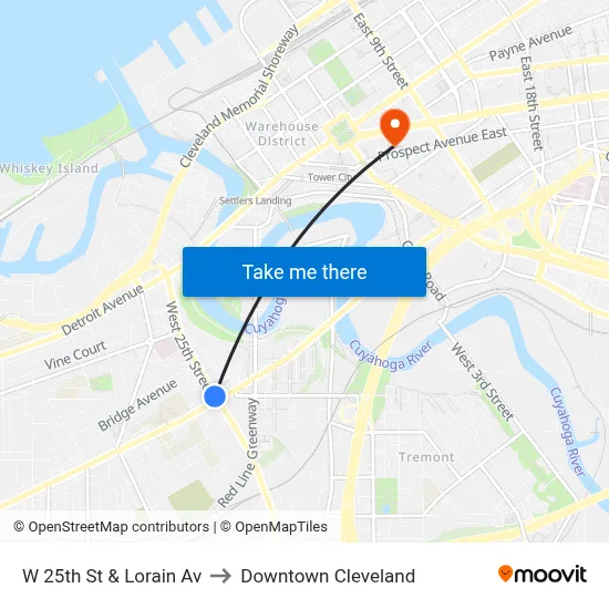 W 25th St & Lorain Av to Downtown Cleveland map