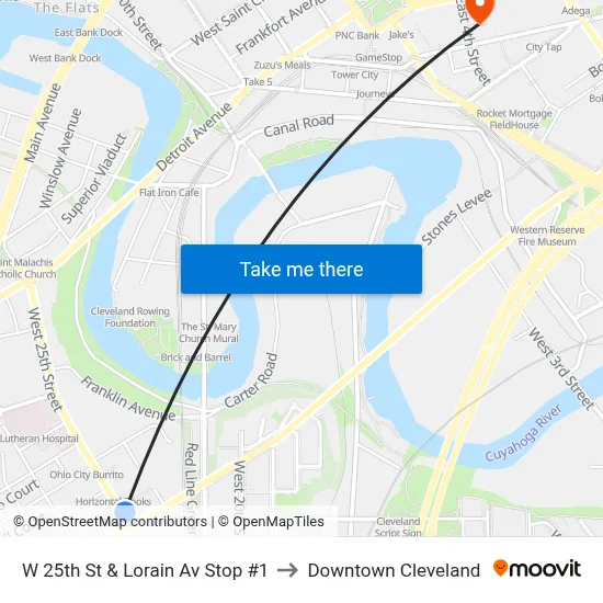 W 25th St & Lorain Av Stop #1 to Downtown Cleveland map