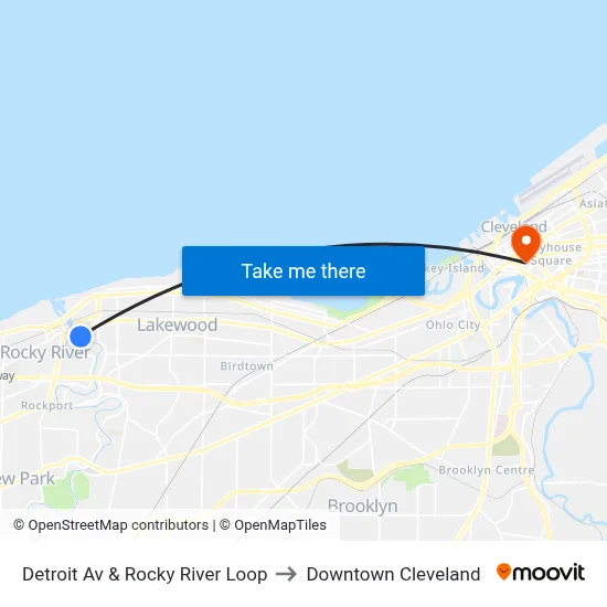 Detroit Av & Rocky River Loop to Downtown Cleveland map