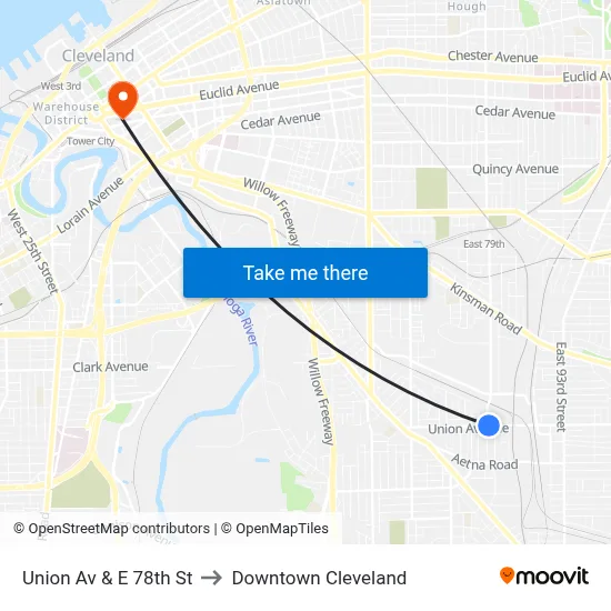 Union Av & E 78th St to Downtown Cleveland map
