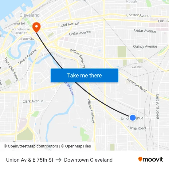 Union Av & E 75th St to Downtown Cleveland map