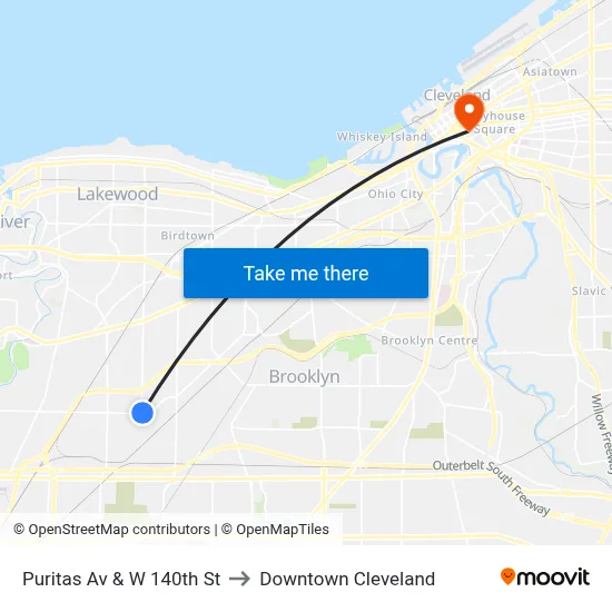 Puritas Av & W 140th St to Downtown Cleveland map