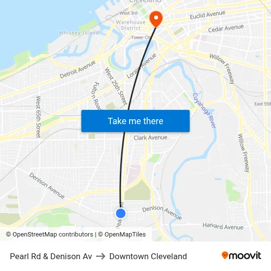 Pearl Rd & Denison Av to Downtown Cleveland map