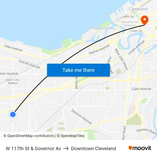 W 117th St & Governor Av to Downtown Cleveland map