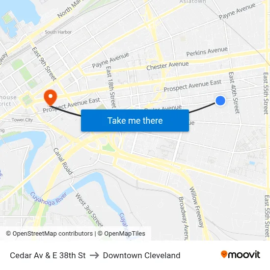 Cedar Av & E 38th St to Downtown Cleveland map