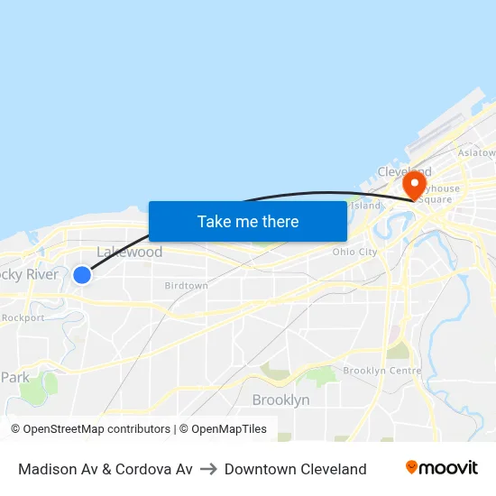 Madison Av & Cordova Av to Downtown Cleveland map
