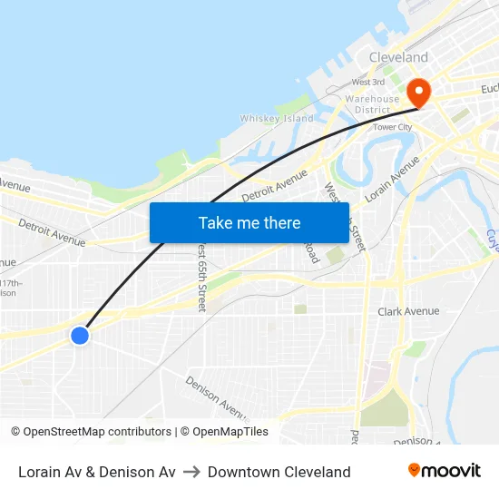 Lorain Av & Denison Av to Downtown Cleveland map