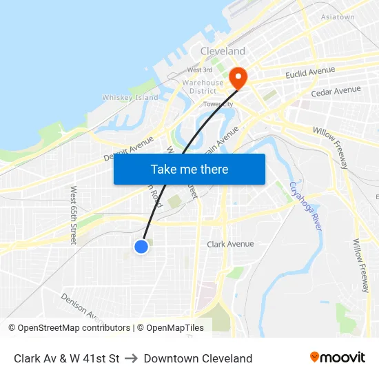 Clark Av & W 41st St to Downtown Cleveland map
