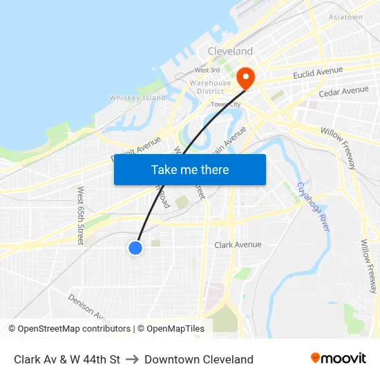 Clark Av & W 44th St to Downtown Cleveland map