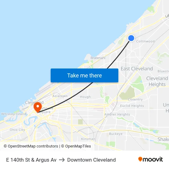 E 140th St & Argus Av to Downtown Cleveland map