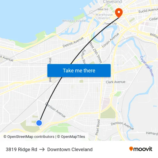 3819 Ridge Rd to Downtown Cleveland map