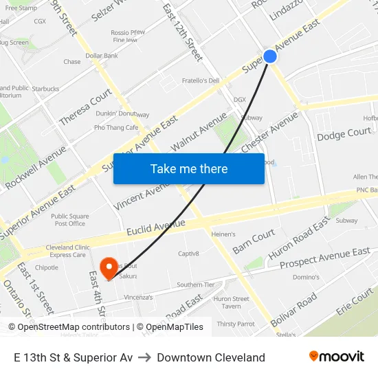E 13th St & Superior Av to Downtown Cleveland map