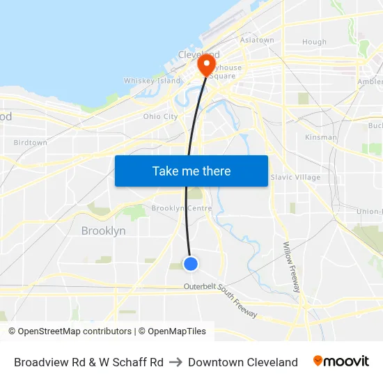 Broadview Rd & W Schaff Rd to Downtown Cleveland map